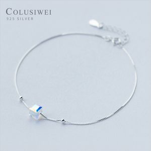 Colusiwei Genuine 925 Sterling Crystal Cube Silver Anklet for Women Charm Bracelet of Leg Ankle Foot Accessories Fashion 2200