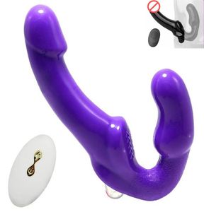 Dildo podwójnego głowy z wibrującym bez ramiączkowym pasku wibrator wibrator gi punkt Ant Cyp Anal Sex Toys for Women Lesbian1091128