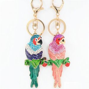 Chave de chave feminina moda colorf keychain fofo pingente de metal chaveiro papagaio pássaro portador de cristal ornamentos de corrente de presente entrega de gotas dhvww