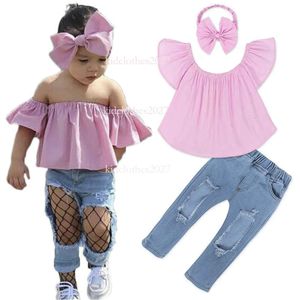 Girls Summer Pink Word Spalla T-Shirt Hole Shorts + Bowknot Cash Abbigliamento Set di abbigliamento