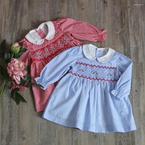 Girl Dresses Baby Girls Clothes Spring Summer Little Dress Hand Embroidered Blue Checkered Pattern Girl's