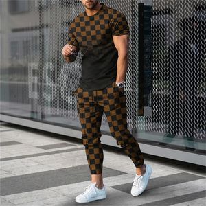 3D Tryckt kortärmad t-shirtlong byxor retro trend jogging sportkläder casual gata klädherrens sportkläder set 240524