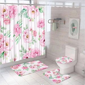 Shower Curtains 4Pcs Spring Pink Flowers Curtain Set Leaf Floral Botanical Women Bathroom Non-Slip Bath Mat Rug Toilet Lid Cover