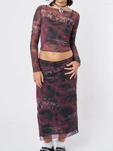 Arbeitskleider zwei Stücke Frauen Rock Sets Frühling Fall Blumenbuchstaben drucken Langarm Crew Neck Crop Top mit niedrigen Taillenoutfits