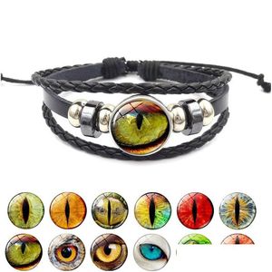 Charm Armband Ny Dragon Evil Eye Leather Wrap Armband 3D Eyeball Time Gemstone Glass Cabochon Snap -knappar för kvinnor män mode dhzjk