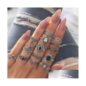 Cluster Rings 9 Styles Bohemian Midi Knuckle Finger Set for Women Vintage Retro Sier Lotus Flower Crowncrystal Geometric Ring Female Dhsty