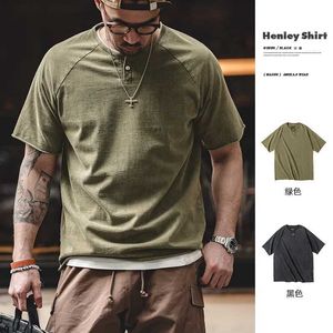 Camisetas masculinas maden japão japão retro pesado henry t-shirt masculino solto de manga curta Botão casual de algodão camiseta s2452906