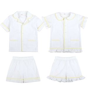 Sommar baby kläder vit seersucker 100% bomull kort ärm barn pamas set syskon matchande rufsade pojkar flickor pyjamas l2405