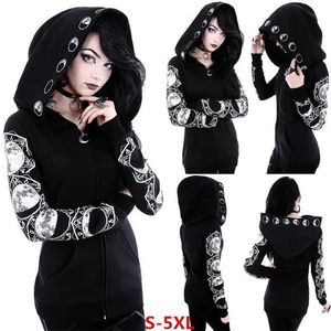 Kvinnors hoodies tröjor mode trend kvinnor punk svart hoodie måntryck långärmad tröja z240529