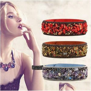 Cuff Korean Gravel Veet Bangle Mti Color Natural Crystal Stone Wide Leather Wristbands Bracelets For Women Female Fashion Jewelry Dro Dhb9G