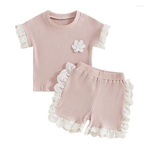 Kläduppsättningar Småbarn Baby Girl Summer Cute 3D Flower Short Sleeve Lace Top Cotton Elastic Shorts Outfit Kläder Casual Tracksuit 2 PCS Set