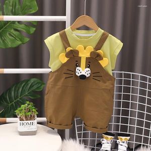 Clothing Sets Baby Boy Summer Clothes 2024 Korean Fashion Solid Color Short Sleeve T-shirt And Lion Face Overalls Boys Boutique