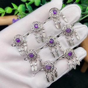 Dream catcher Silver Plated copper Ring Natural amethyst crytsal stone Rings Cute Present Adjustable Size open Ring