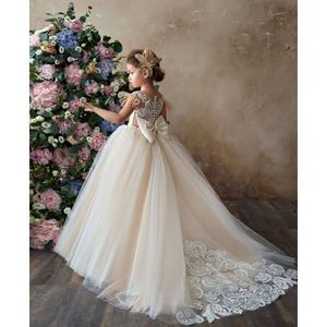Tiul Long Flower Girl Sukienki koronkowe księżniczka dziecięce przyjęcie weselne sukienka bez rękawów Pierwsza suknia balowa dla dzieci dzieci
