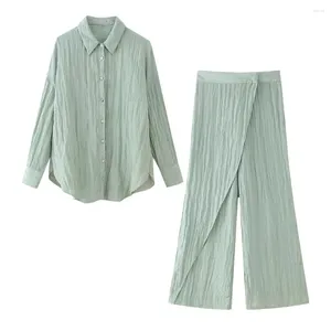 Women's Pants Mint Green Pleated Shirts Wrap Sets For Woman Loose Single Breasted Lapel Shirt Wide Leg Suit 2024 Pajamas