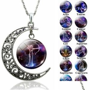 Pendant Necklaces 12 Zodiac Hollow Moon Cabochons Glass Moonstone Constellation Starry Sky Charm Chokers For Women S Fashion Jewelry D Dh6Ft