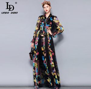 LD Linda della Runway Maxi Dress Plus Size Women039s Långärmad bågen Vintage Floral Print Chiffon Party Holiday Long Dre5386020