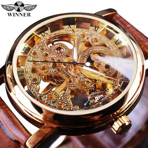 Zwycięzca przezroczysty Golden Case Luxury Casual Design Brązowy skórzany pasek męskie zegarki Top Marka Luksusowy mechaniczny szkielet zegarek CJ19121 218Y