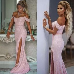 2023 Mermaid Pink Glitter Sequin Prom Dresses Long Front Split Abendkleider African Celebrity Evening Gonws Vestidos de Fiesta 0529