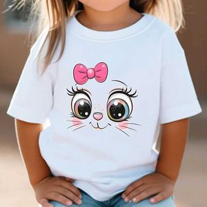 T-shirts Kids T Shirt Pink Bow Kitten Summer Shirt Girls Cute Cartoon Cat Graphic Tops White Short Sleeve Wild Tees Animal Anime Clothes d240529