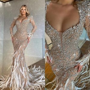 See Through Wedding Dresses Crystal Mermaid Bridal Gowns Feather Rhinestone Custom Made Illusion Bride Sweep Train Vestido de novia