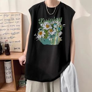 Summer Casual Pullover Shirt Tess Vest Mens Loose Sleeveless Cool Boy Sports Tops Solid Print Cotton Student Flower Soft 240529