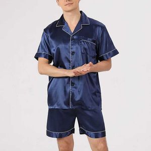 Męska odzież snu Mężczyźni Pajama Zestawy lodowe jedwabne satynowe koszulę z krótkim rękawem+szorty 2pcs Suit Summer cienki śpiący stał