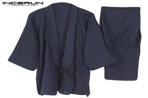 Men039s Sleepwear Men Kimono Set Homewear Japanese Style Solid Color Cotton Tops And Pants Pajamas Loose Casual Comfy L5XL8706928
