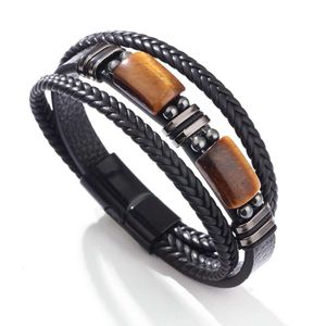 Multi Tiger Eye Layer Rope Leather Stone Armband Magnetic Buckle Ring Herrsmycken