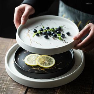 Tallrikar Western Ceramic Black Marbled Wedding Dinner Plate Dessert Sushi Salad Dish Restaurant Servering With Gold Line Cotestar Set