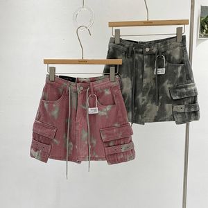 Women summer high waist a-line tie-dying camouflage print pattern denim jeans pockets cargo short skirt SMLXL