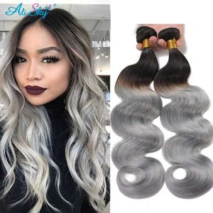 Hår wefts 1.1 Silver Wave Hair Bundle Human Hair 1/3/4 Buntle Wet Wave Remi Hårvävförlängning Två ton Umbrey Svart till grå Q240529