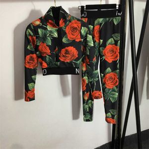 Vintage Tracksuits Women Two Piece Set New Black Yoga Suit Rose Print Stand Collar Long Sleeve Top And Stretch Slimming Leggings Womens Designer Clothing For Summer