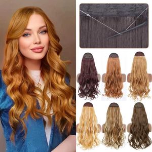 Hair Wefts LISI Girls Synthetic Clip Free Hair Extension Natural 16 22 32 Long Wave Invisible Thread One Piece Fake Womens Hair Q240529