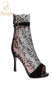 Phoentin crystal mesh summer boots ladies sexy zipper boot sandals peep toe booties high heels buckle women shoes black LJ2010307613209