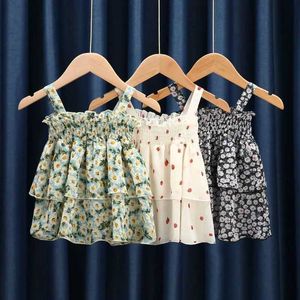 Tank Top Womens Tanks Camis Kids Girls Floral Printed Casimsole 2024 New Arrival Children Chiffon Tops Summer Sleeveless Tops Double Layer Pleated Vest WX5.28