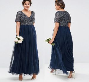 Plus Size Sequins Formal Mother's Dresses V Neck Short Sleeve Ankle Length Evening Gowns Dark Navy Party Dress