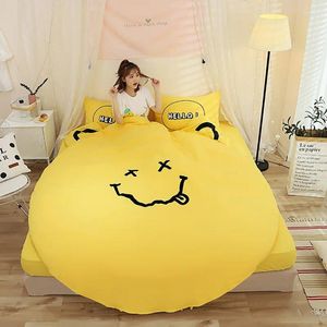 Bedding Sets Cartoon Solid Color Round Comforter Duvet Cover Sheet 2 Pillowcases 5 Pieces Set Kids Room Decoration Cute Smile Style