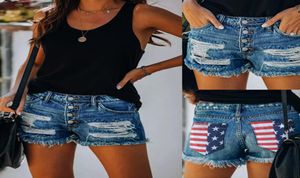 Women Summer Denim Shorts Jeans Fashion Hole Designer Pocket American Flag Print Mid Waist Single Breasted Shorts Slim Nightclub H9381358