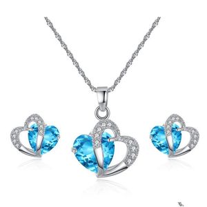 Earrings & Necklace Austrian Crystal Jewelry Set Cubic Zirconia Cz Double Heart Shape Pendant Stud Sets For Women Luxury Gift Drop De Dh7It