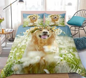 Bedding Sets Golden Retriever Duvet Cover Set 3D Cute Dog Pattern Daisy Wreath Bedclothes Kids Flower Quilt Home Textiles
