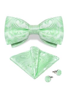 Neck Ties DiBanGu Mens Mint Green Pre tied Bowtie Silk Pocket Square Cufflinks Set Fashion Luxury Mens Business Party Bowtie Q240528