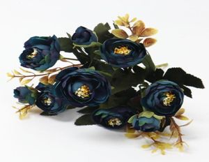 1 Bouquet 9 head Artificial Silk cloth Fake Flowers Leaf Peony Floral Home Wedding Party home Decor Blue rose small bouquet13845781