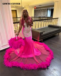 Платья для вечеринок розовый перо Sliver Crystal Beaded Prom Black Girl Sexy Rermaid для свадебного вечернего гала -платье элегантно