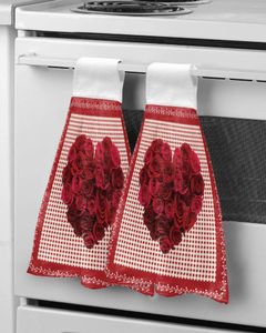 Towel Valentine'S Day Love Rose Plaid Hand Bathroom Supplies Absorbent Cloth Dishcloths Hanging Kitchen Accessories