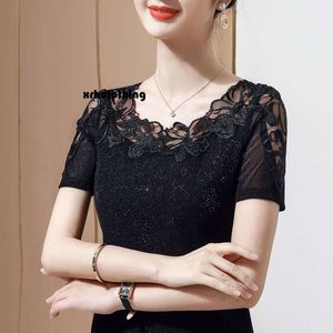 t shirt Summer New Lace with Western Style and Diamond Embroidery Short sleeved Women's Top T-shirt Gauze Small Shirt