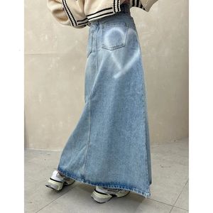Summer Vintage Blue Gonna in denim Streetwear Streetwear American in stile American Casual High Wash Slot Slot Jean Medium e Long A-Line Skirt 240529