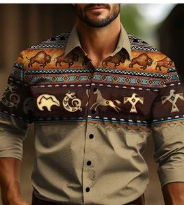 Camisas de vestido masculinas estilo ocidental Novo mass de mangas compridas top mass slim slim fit roupas sociais roupas étnicas retro tribal roupas masculas de jeans Q240528