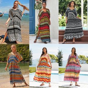 Style Rayon Loose Boho Print Bikini ukryć kobiety Summer Beach sukienka talia sznurka sarong plażowa szata de plAGE