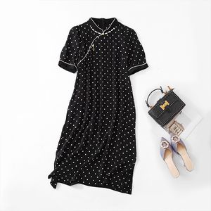 2024 Summer Black Polka Dot Panelled Dress Short Sleeve Stand Collar Silk Knee-Length Casual Dresses C4A2375216